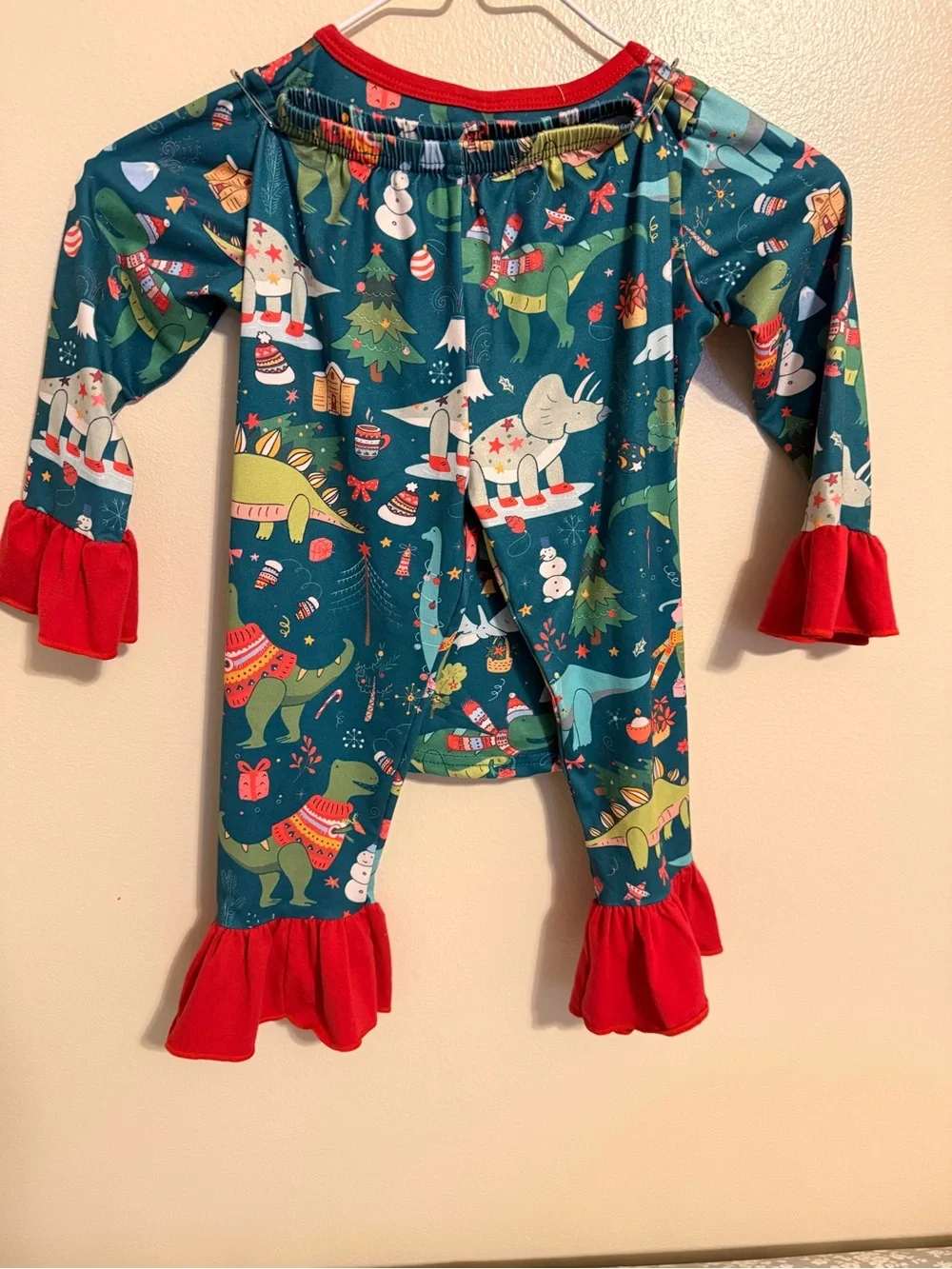 Christmas Dinosaur Outfit 2T | Toddler Girl Ruffle Bell Bottom Holiday Set